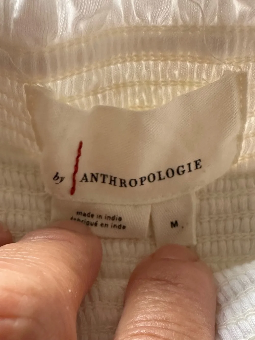 Anthropologie Beige Gold Floral Embroidered Smocked Puff Sleeve Peasant Top Sz M
